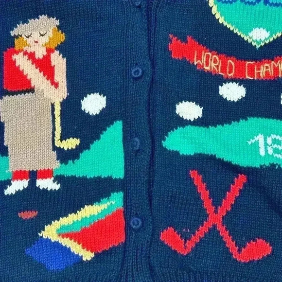 Lumy Hand Knitted Vintage Golf Theme Cardigan Sweater Size Large - Picture 6 of 7